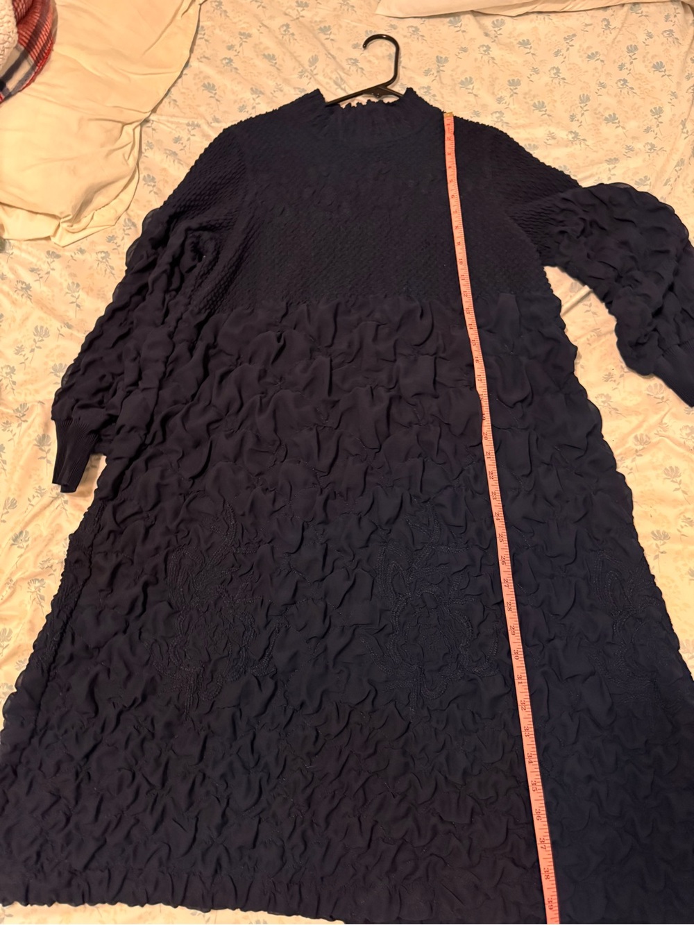 Women's Navy Textured Maxi Dress - Elegant Long Sleeve - Picture 2 of 3